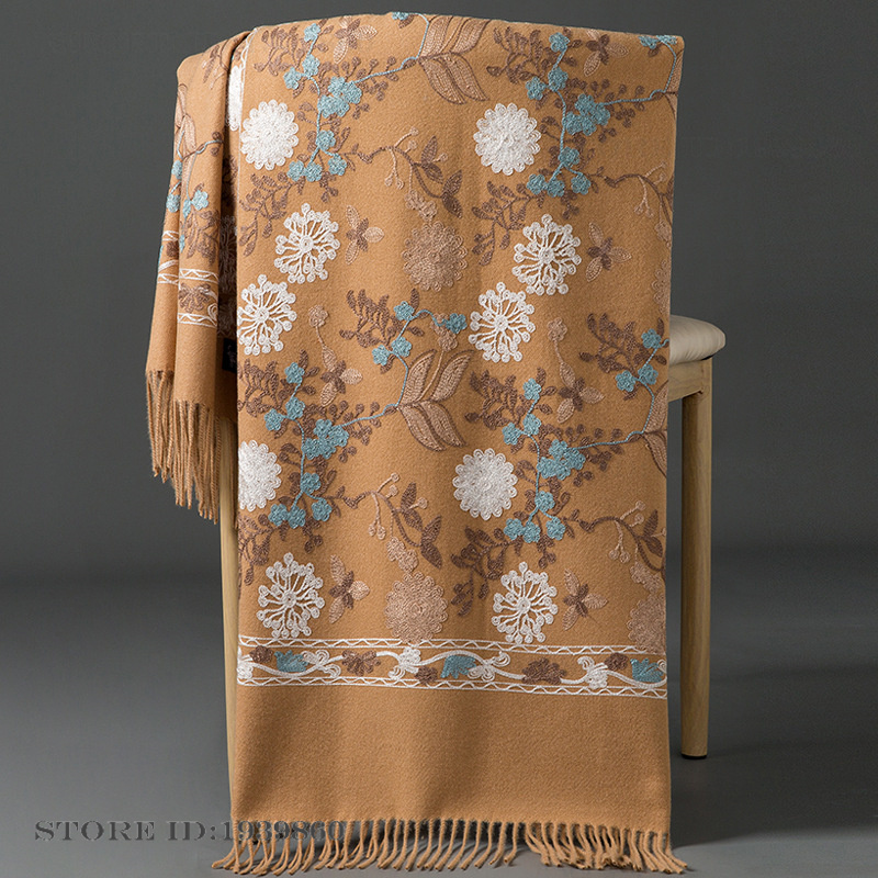 Woven Scarf Blanket - Damen-Kaschmir-Pashmina-Schal mit Blumenstickerei, langer Schal, Cape,