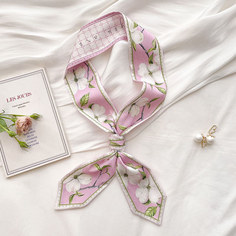 Silk Neck Scarf - Koreanischer Seidensatin-Langschal für Damen, schlichter Doppelblumen-Druck,